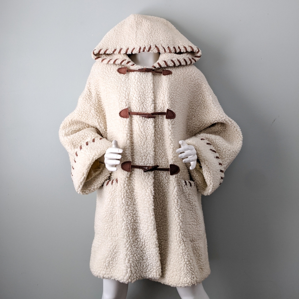 Vtg 90s Marvin Richards Hooded Toggle Teddy Coat L